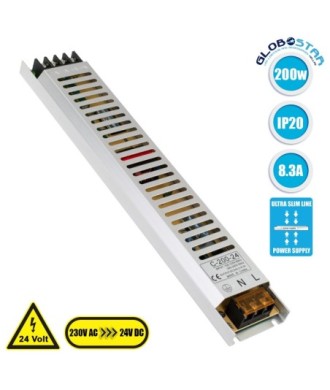 GLOBOSTAR® LUMISLIM 73017 Τροφοδοτικό-Μετασχηματιστής PELV 200W 8.3A DC 24V IP20 - AC 220-240V σε DC 24V - Μ31 x Π5.4 x Υ2.3cm - 3 Χρόνια Εγγύηση